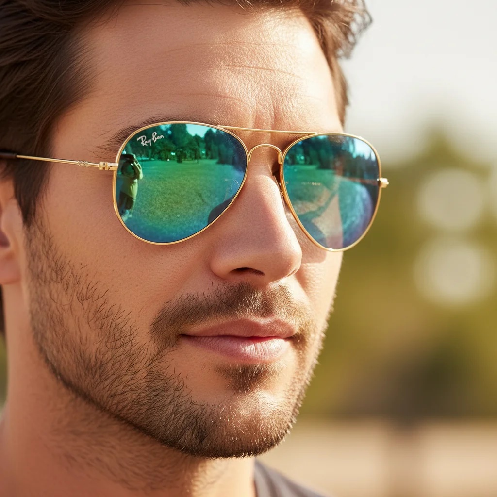 عینک اسپرت ری‌بن 1652AD با لنز سبز و فریم طلایی